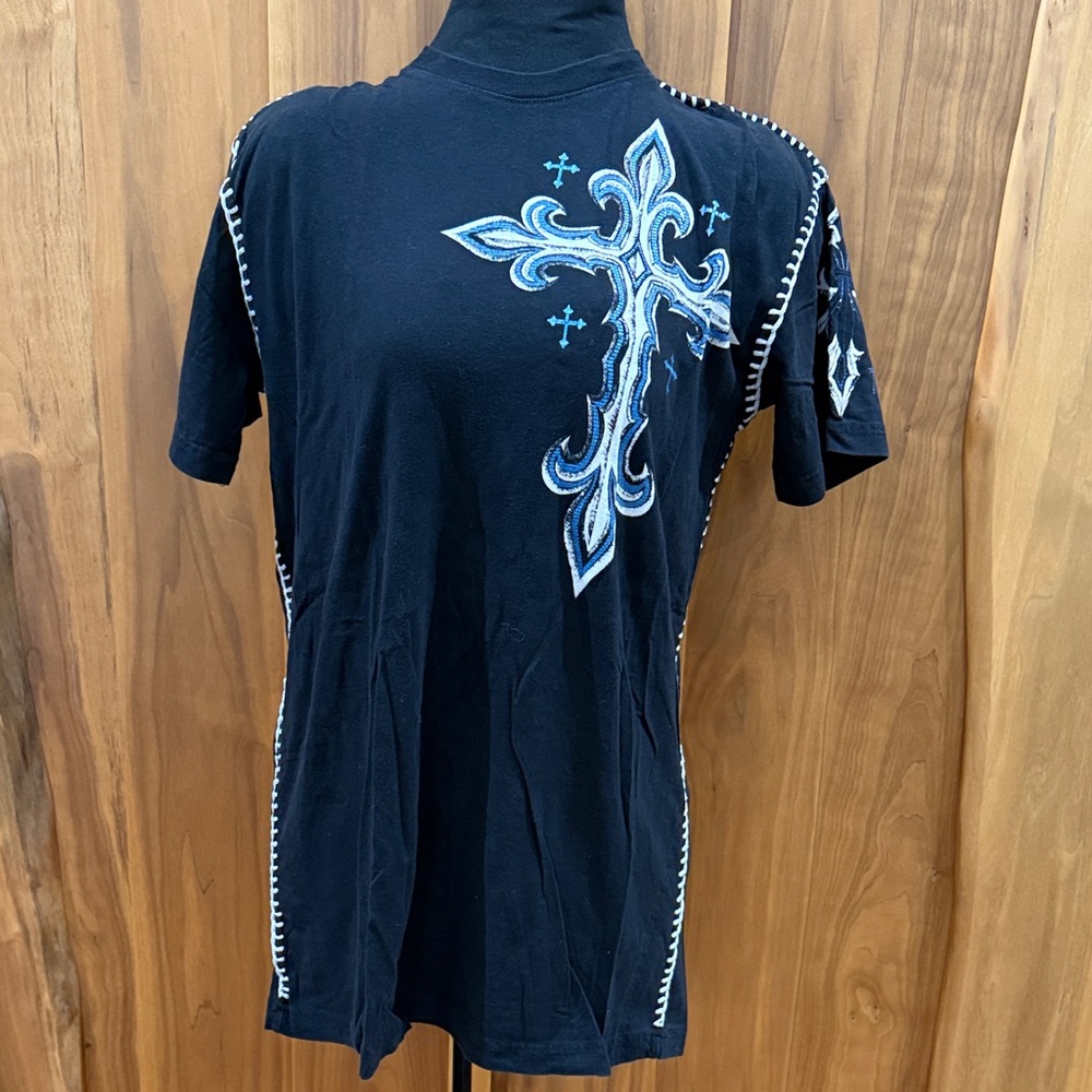 Black Short Sleeve Tee with Blue, White Embroidery Trim, Redemption on Back